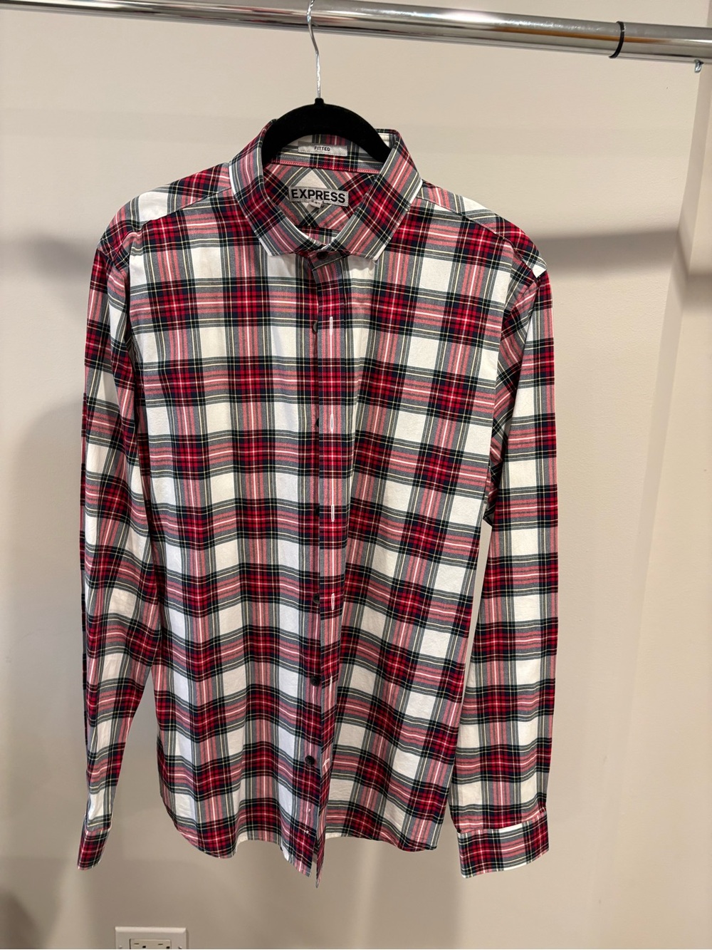 Express Red and White Plaid Long-Sleeve Button-Down Shirt